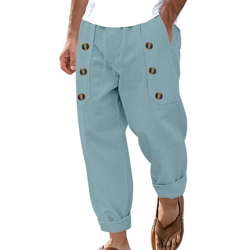Herren nan lockere Leinenhose mit Zierknopf-Lisenen, gekrempeltem Knöchelabschluss und Eingrifftaschen EB