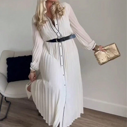 Damen elegantes plissiertes Maxikleid mit feinem Kragen und Gürtel EB