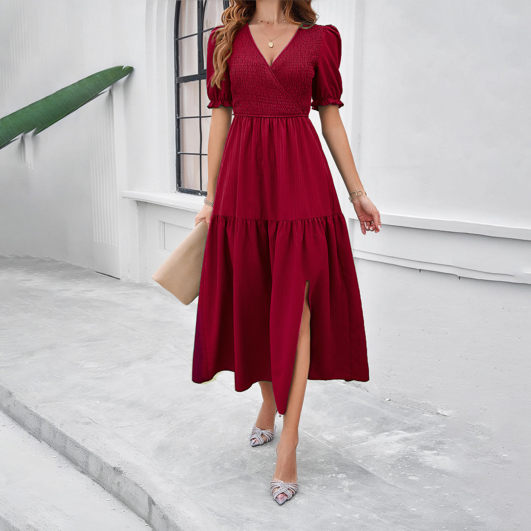 Damen Maxikleid mit hohem Schlitz und Puffärmeln EB