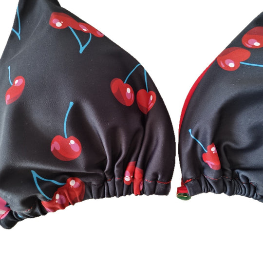 Damen Triangel-Bikini mit verspieltem Kirschenmuster und elastischen Bindebändern EB