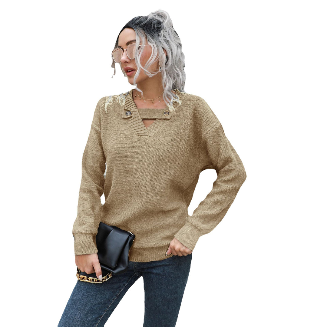 Damen Strickpullover mit einzigartigem V-Ausschnitt und eleganten Knopfdetails EB