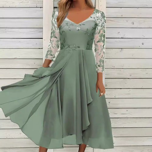 Damen nan V-Ausschnitt Chiffon-Midikleid mit besticktem Bustier, transparenten dreiviertel-Ärmeln und asymmetrischem Lagenrock EB