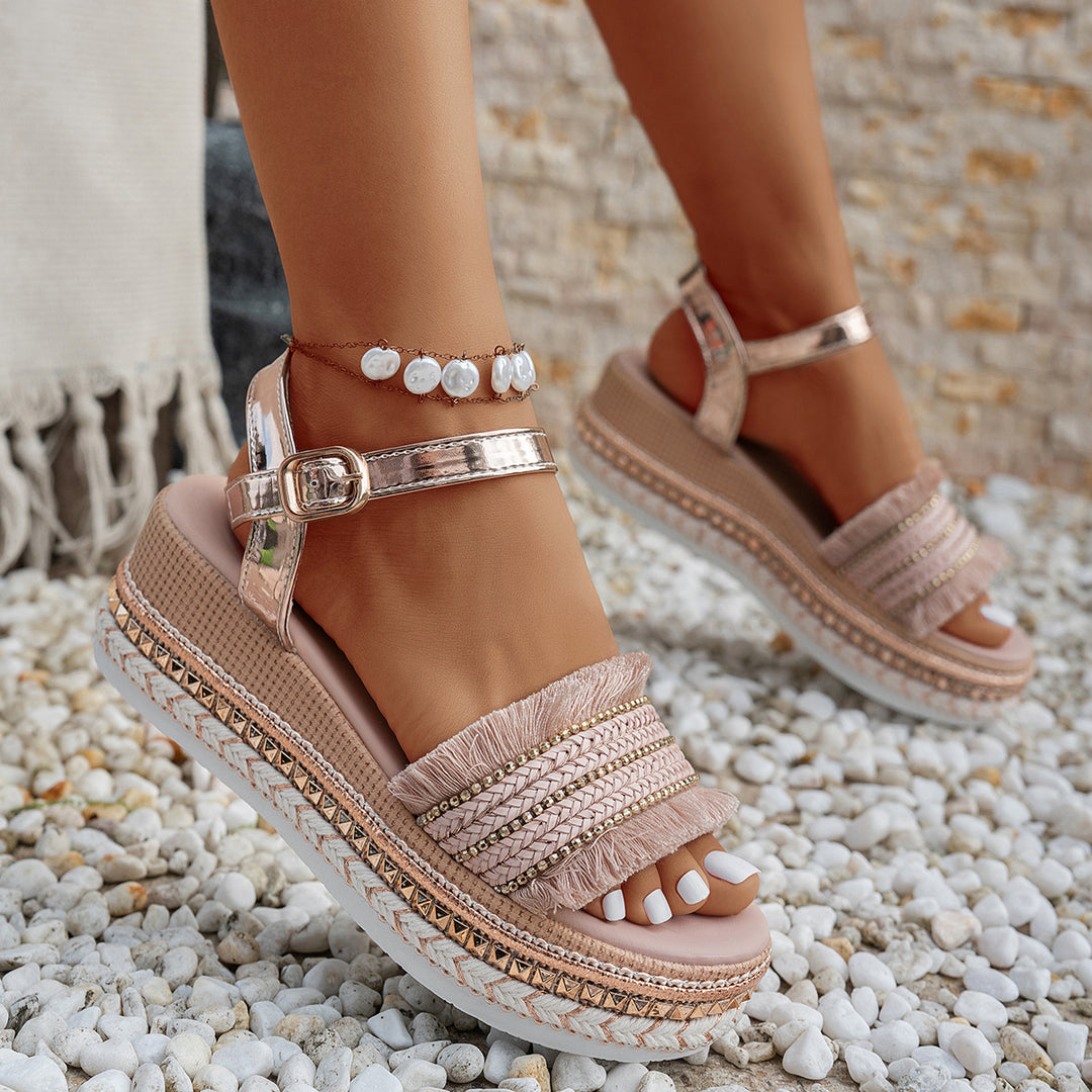 Damen Wedge-Sandaletten mit verstellbarem Riemendesign und dekorativem Akzent EB