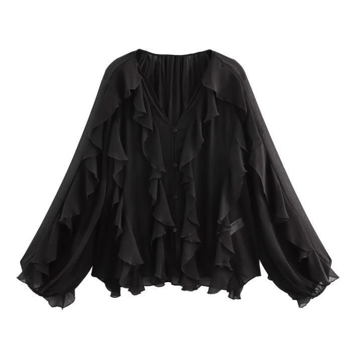 Damen Rüschenbluse mit weitem Schnitt und ballonartigen Ärmeln EB