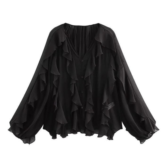 Damen Rüschenbluse mit weitem Schnitt und ballonartigen Ärmeln EB