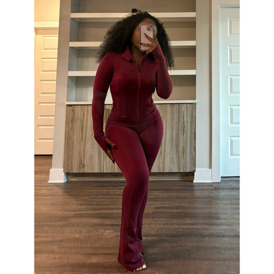 Damen figurbetonender Jumpsuit mit Hochkragen und durchgehendem Reißverschluss EB