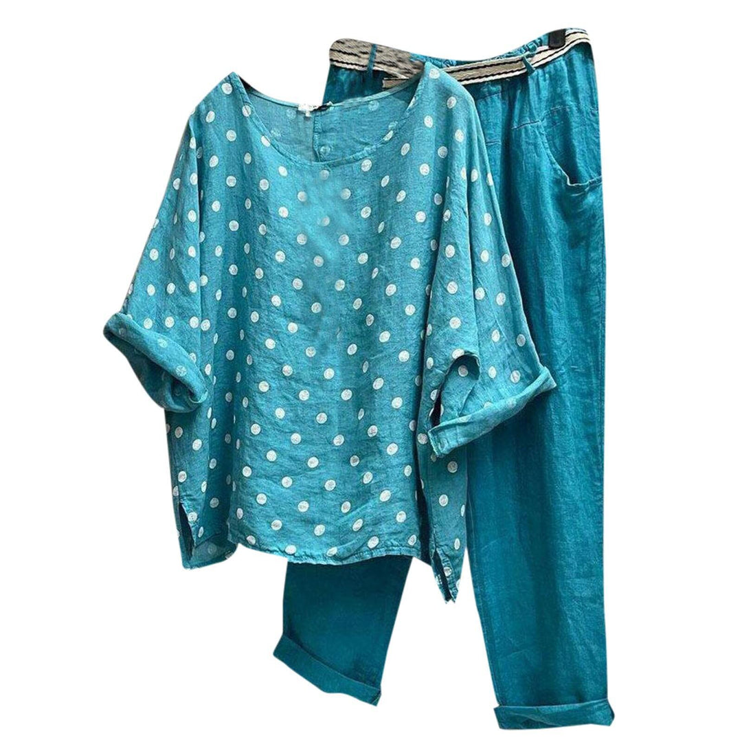 Damen Kombination aus leichten Rundhalsbluse mit Punkten und bequemen Hose Heidi-Mode