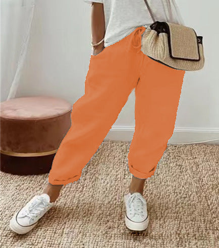 Damen nan legerer Leinen-Jogger mit Kordelzug, Eingrifftaschen und umgeschlagenem Saum EB