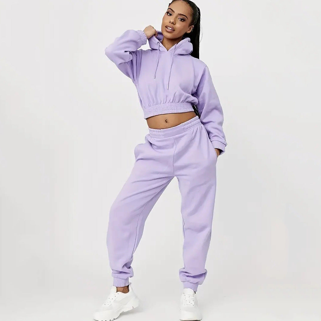 Damen Sportliches Cropped Hoodie und lässige Jogginghose Set EB