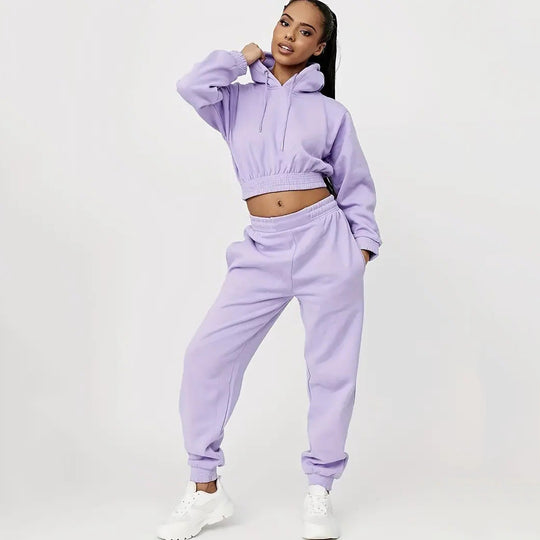 Damen Sportliches Cropped Hoodie und lässige Jogginghose Set EB