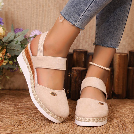 Damen  Espadrille-Keilpantoletten mit elastischem Fersenriemen, Veloursoptik-Obermaterial und geflochtenem Jute-Plateau EB