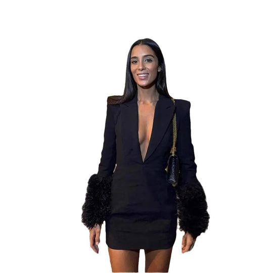 Damen Sexy Minikleid mit tiefem V-Ausschnitt und glamourösen Federärmeln EB