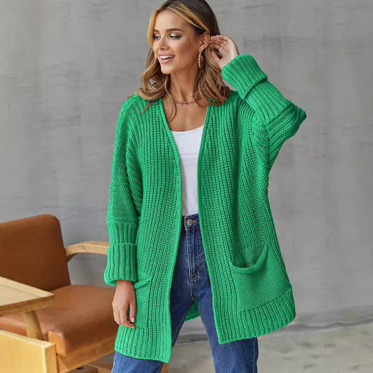 Damen gemütliche Strickjacke mit tiefen Taschen und volumetrischen Ärmeln EB