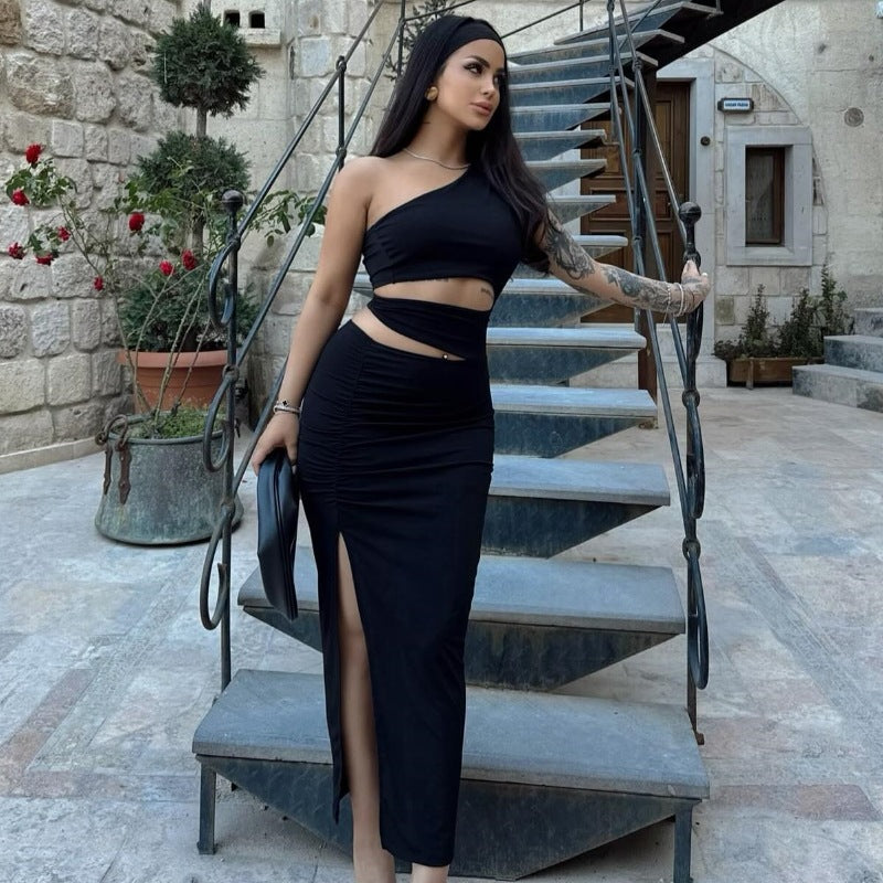 Damen asymmetrisches Maxikleid mit Rüschen und hohem Seitenschlitz EB