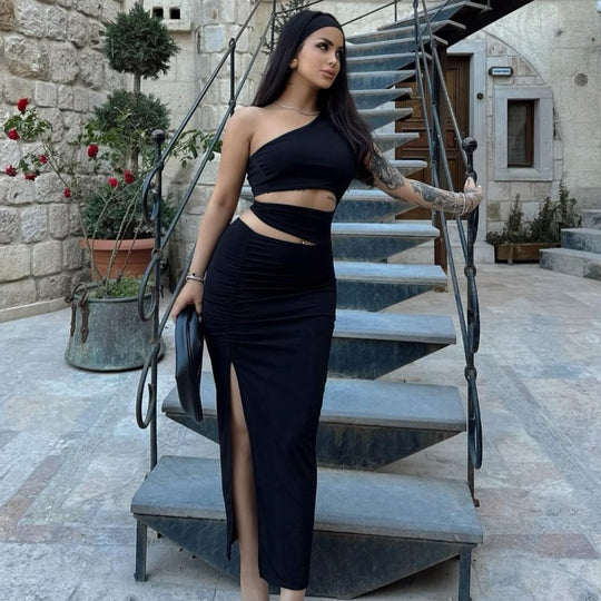 Damen asymmetrisches Maxikleid mit Rüschen und hohem Seitenschlitz EB