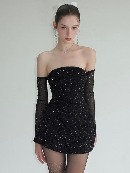 Damen Strapless Minikleid mit funkelnden Applikationen und transparenten Ärmeln EB