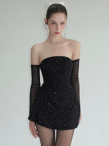 Damen Strapless Minikleid mit funkelnden Applikationen und transparenten Ärmeln EB
