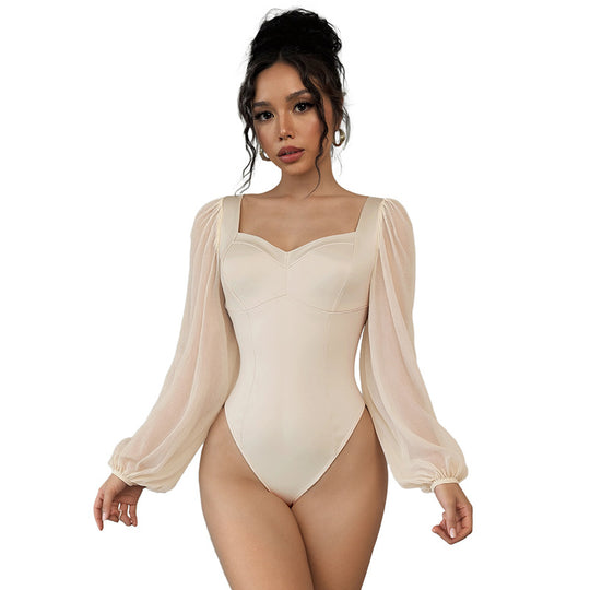 Damen Corsagen-Body mit taillierendem Schnitt und transparenten Ballonärmeln EB