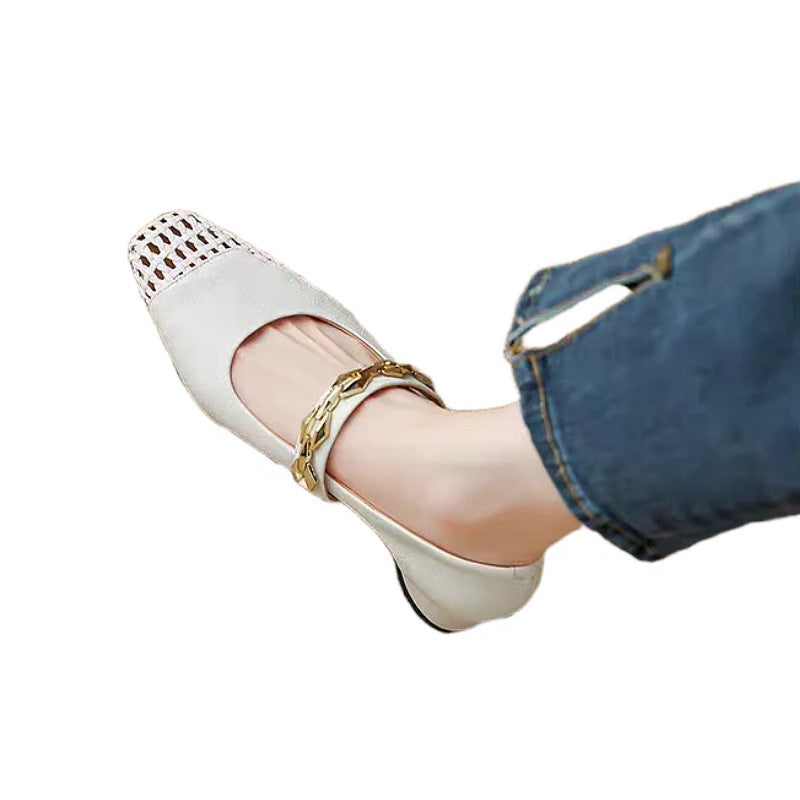 Damen elegante Ballerinas mit modischem Riemchen und stilvollem Absatz EB