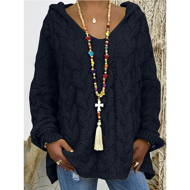 Damen Hoody aus Grobstrick mit V-Ausschnitt und dekorativem Kordelzug EB