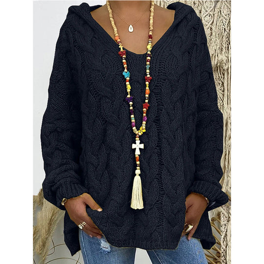 Damen Hoody aus Grobstrick mit V-Ausschnitt und dekorativem Kordelzug EB