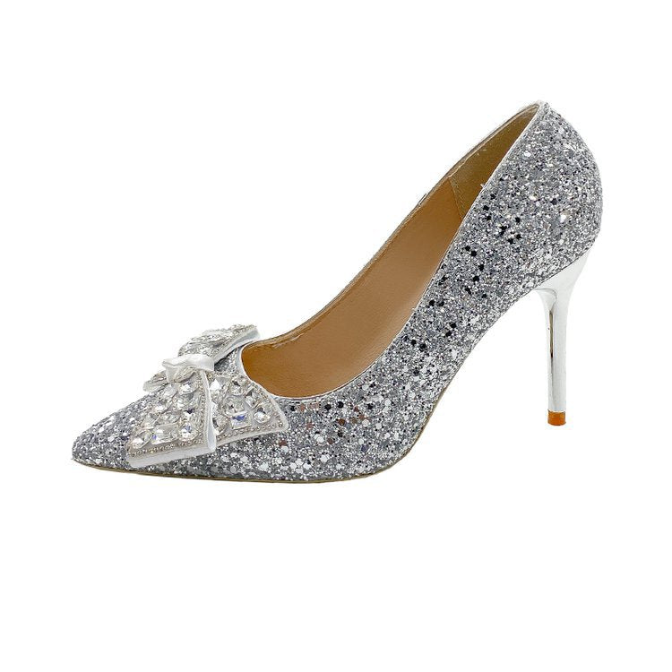 Damen glamouröse Glitzerpumps mit funkelndem Schleifenakzent EB