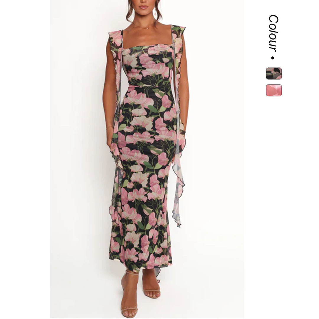 Damen Etuikleid mit romantischem floralem Design und Rüschenärmeln EB