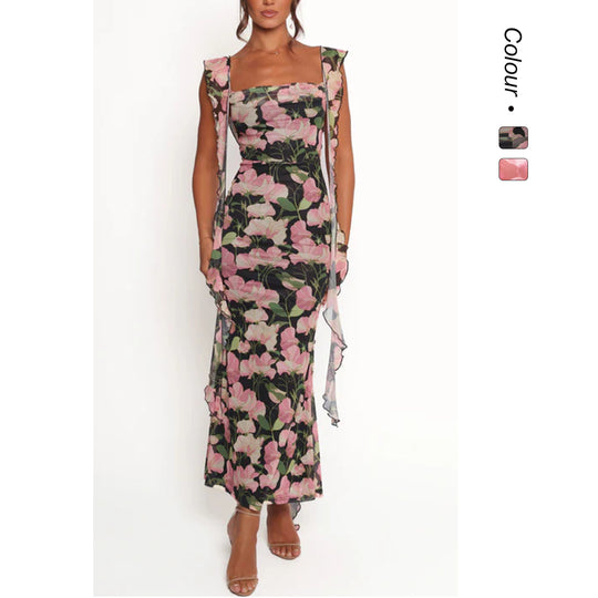 Damen Etuikleid mit romantischem floralem Design und Rüschenärmeln EB