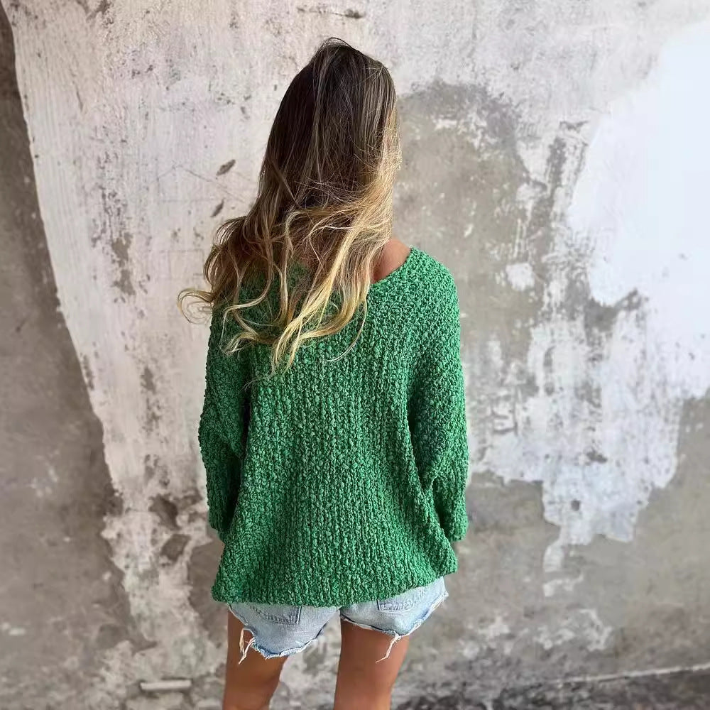 Damen Bequemes V-Ausschnitt Sweatshirt mit Struktur und langen Ärmeln EB