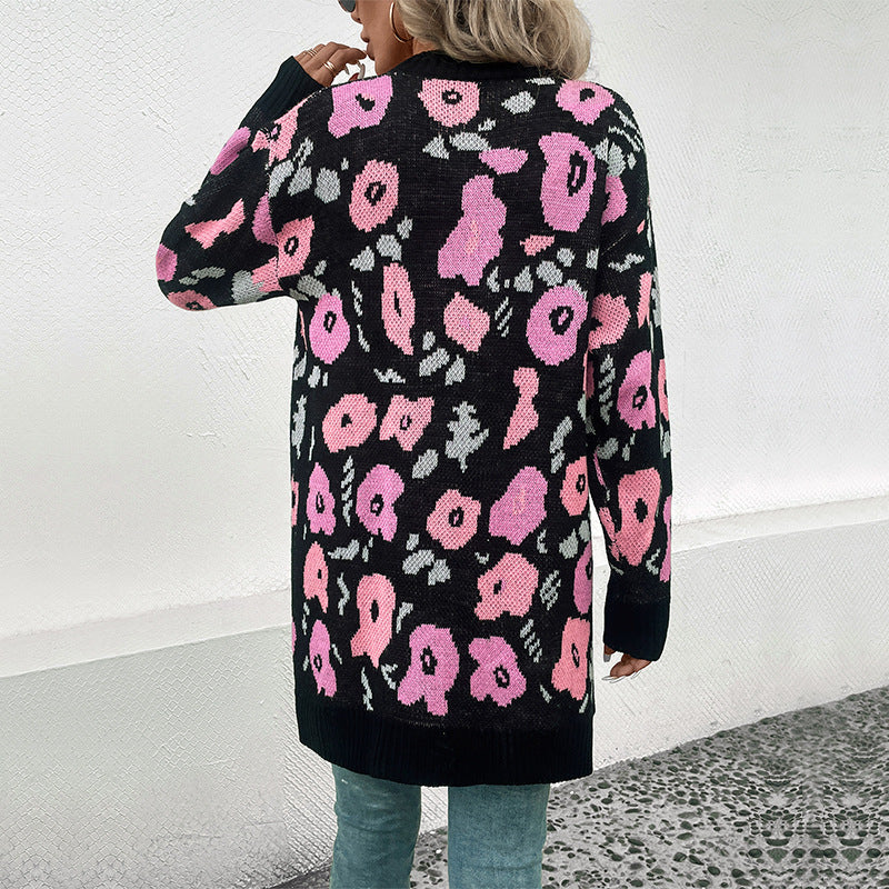 Damen Strickjacke mit floralem Muster und offenem Schnitt EB