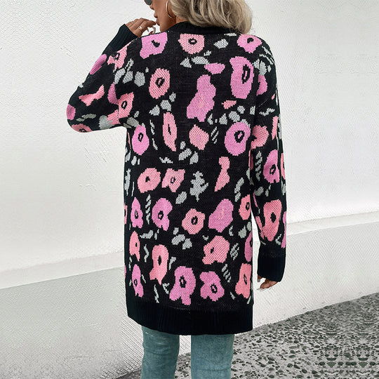 Damen Strickjacke mit floralem Muster und offenem Schnitt EB
