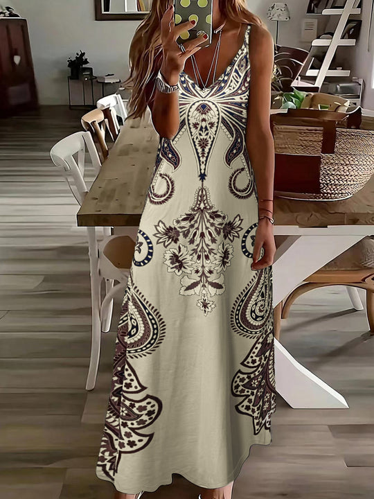 Damen Maxi-Kleid mit geschwärztem Paisley-Muster und elegantem V-Ausschnitt EB