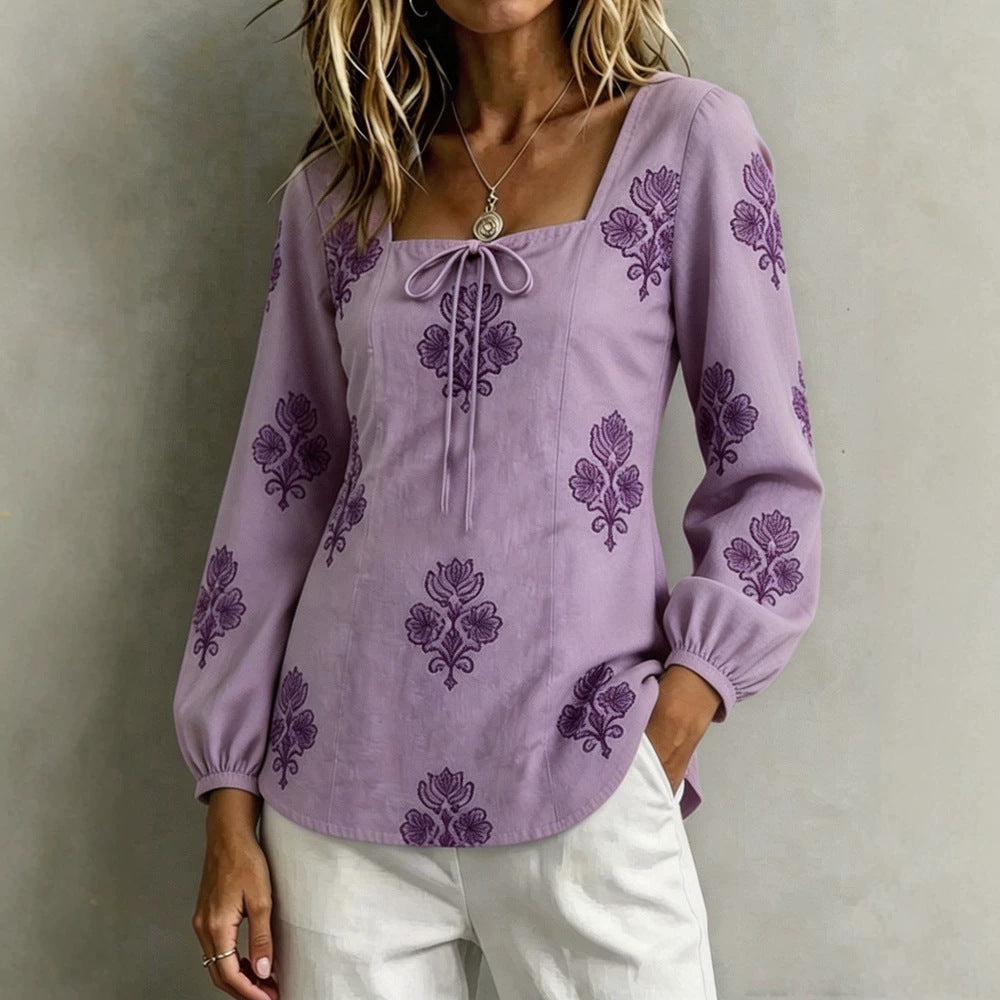 Damen Bestickte Tunika-Bluse mit quadratischem Ausschnitt und femininen Ballonärmeln EB