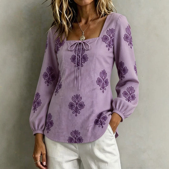 Damen Bestickte Tunika-Bluse mit quadratischem Ausschnitt und femininen Ballonärmeln EB