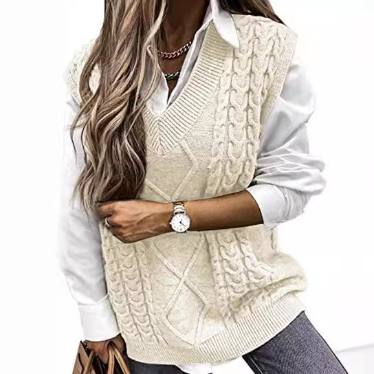 Damen Strickweste mit Zopfdesign und V-Ausschnitt EB