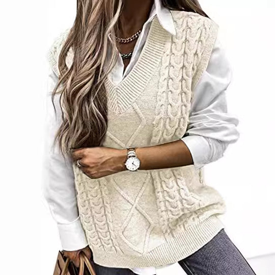 Damen Strickweste mit Zopfdesign und V-Ausschnitt EB