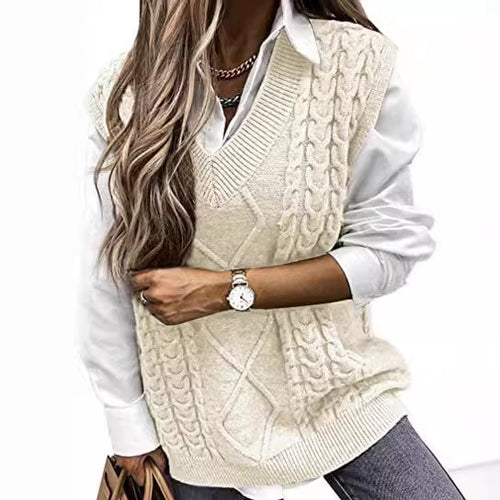 Damen Strickweste mit Zopfdesign und V-Ausschnitt EB