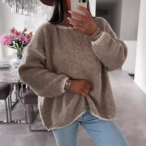 Damen Grobstrickpullover mit kontrastierendem Abschluss und lockerem Schnitt EB