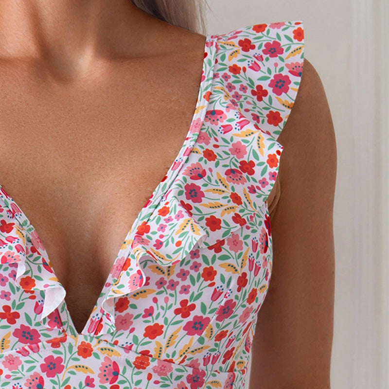 Damen Einteiler Badeanzug mit voluminösen Rüschendetails und floralem Muster EB