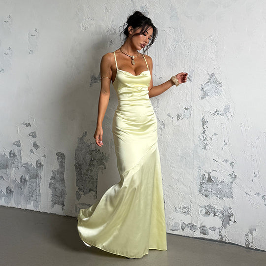 Damen Elegantes Maxikleid aus luxuriösem Satin mit verführerischem V-Ausschnitt EB