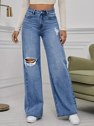 Damen Weite Jeans mit schicken Rissdetails und hohem Bund EB