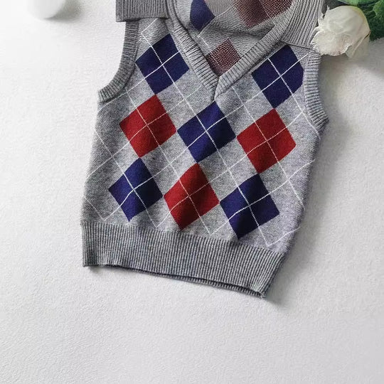 Damen Schickes Strickoberteil mit V-Ausschnitt und Karomuster EB