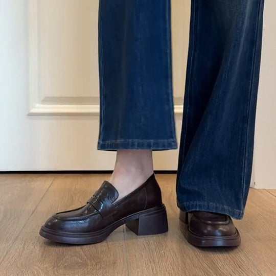 Damen Loafer mit modischem Blockabsatz und hochwertiger Lederoberfläche EB