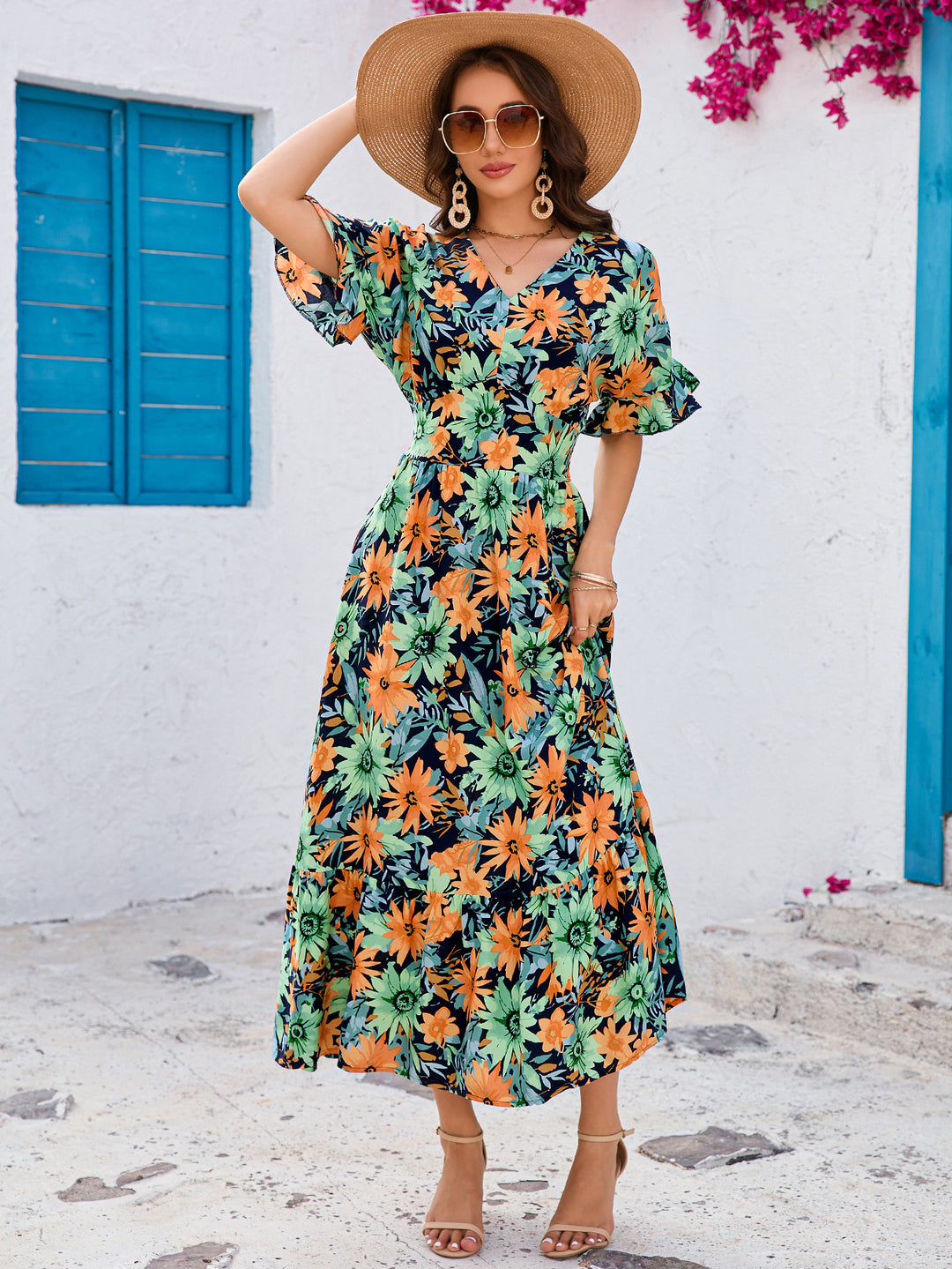Damen Maxikleid mit voluminösen Ärmeln und fröhlichem Blumenmuster EB