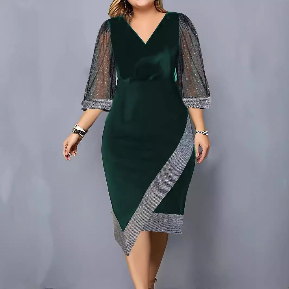 Damen Elegantes Cocktailkleid mit transparenten Puffärmeln und asymmetrischem Saum EB