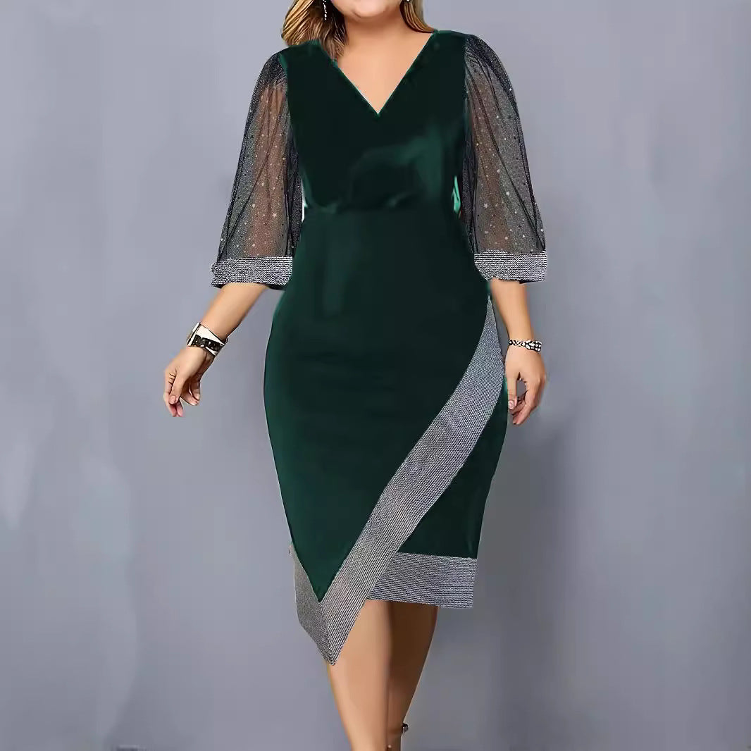 Damen Elegantes Cocktailkleid mit transparenten Puffärmeln und asymmetrischem Saum EB