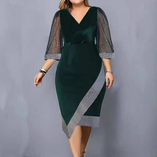 Damen Elegantes Cocktailkleid mit transparenten Puffärmeln und asymmetrischem Saum EB