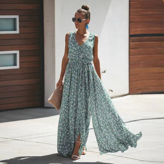 Damen Maxi-Kleid mit floralem Design und hohem Schlitz EB