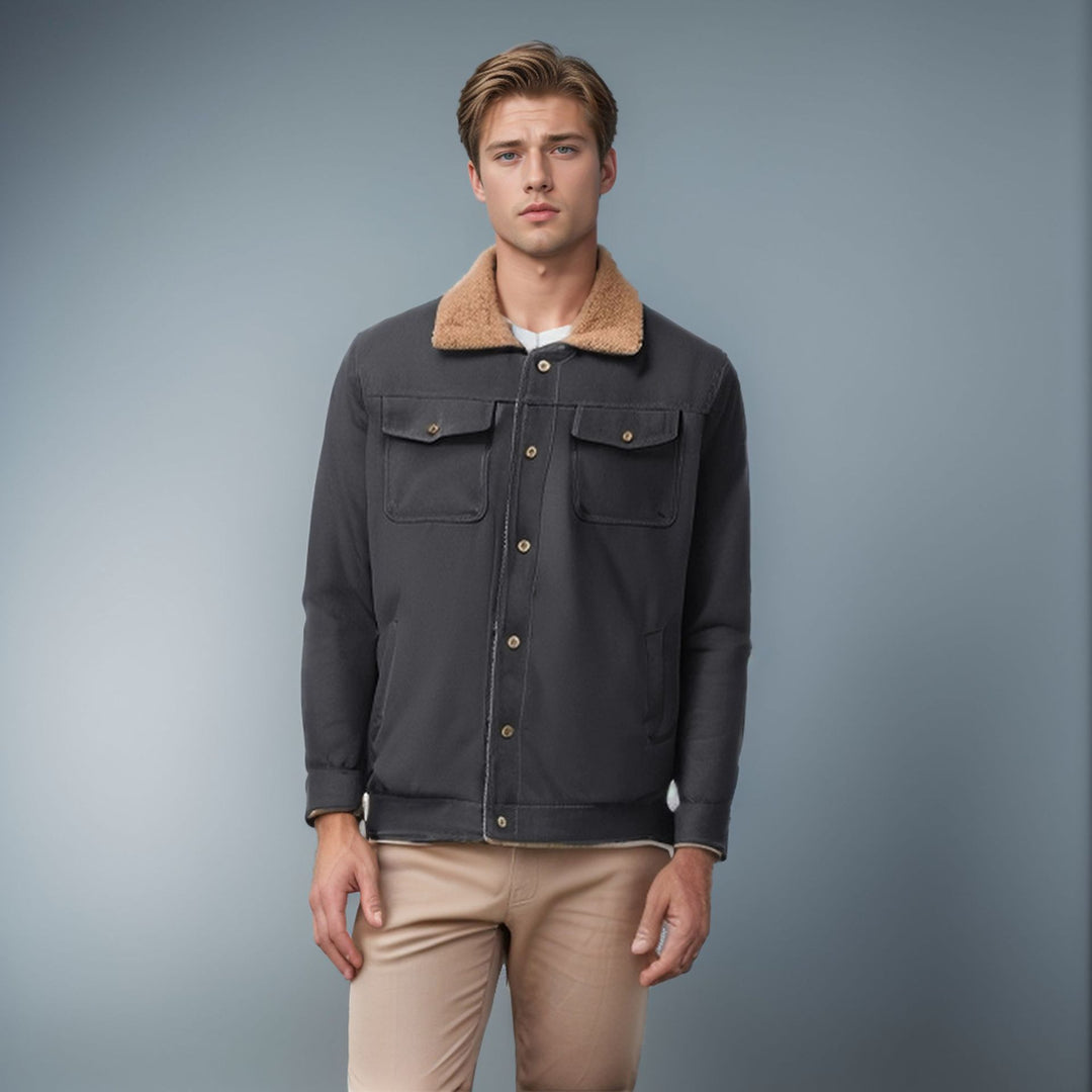 Herren lässige Jacke mit Kunstfellkragen und praktischen Taschen EB