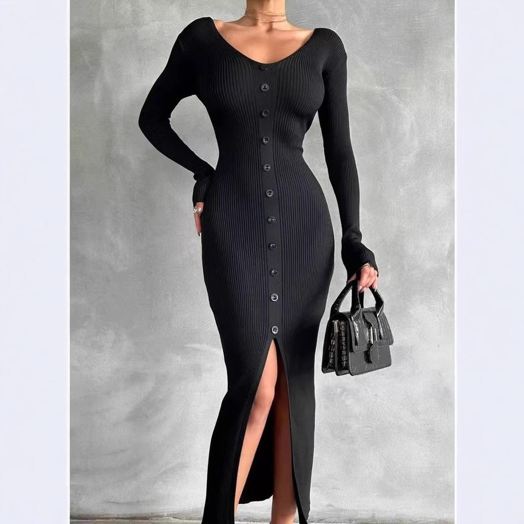 Damen Strickkleid mit V-Ausschnitt und Knopfleiste EB